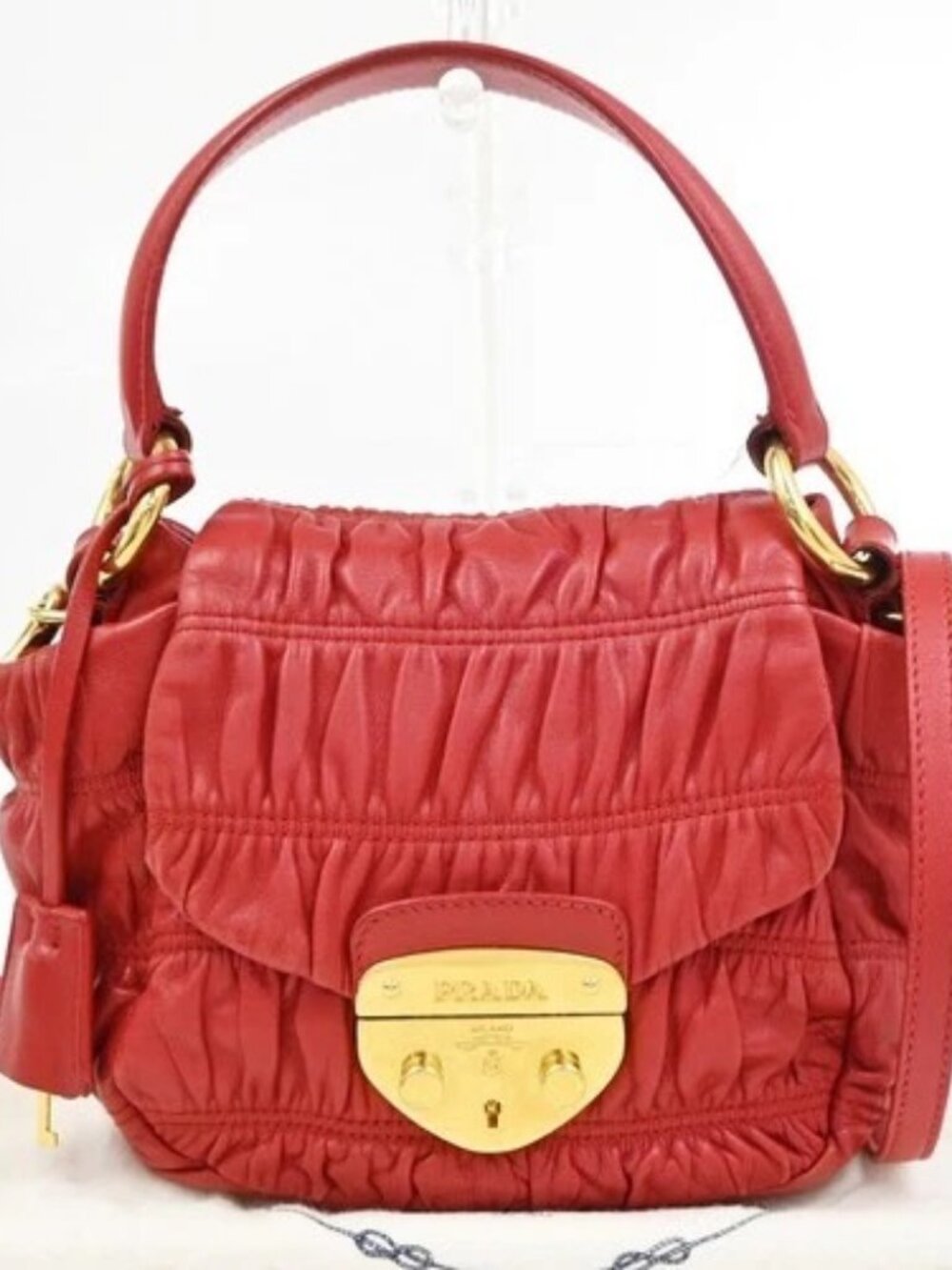 PRADA Nappa Dressy Gaufre 2Way Mini Shoulder Hand Bag Leather Red Italy 78KD390